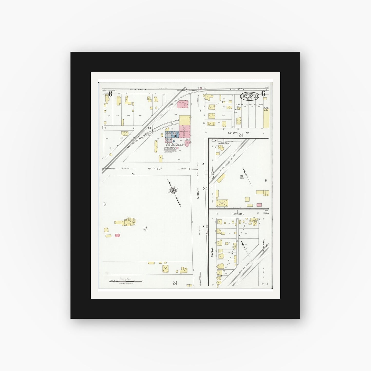 Old map wall art mockup — black gallery frame with white mat — Sanborn Fire Insurance Map from Circleville, Pickaway County, Ohio (1927), Sheet #0006