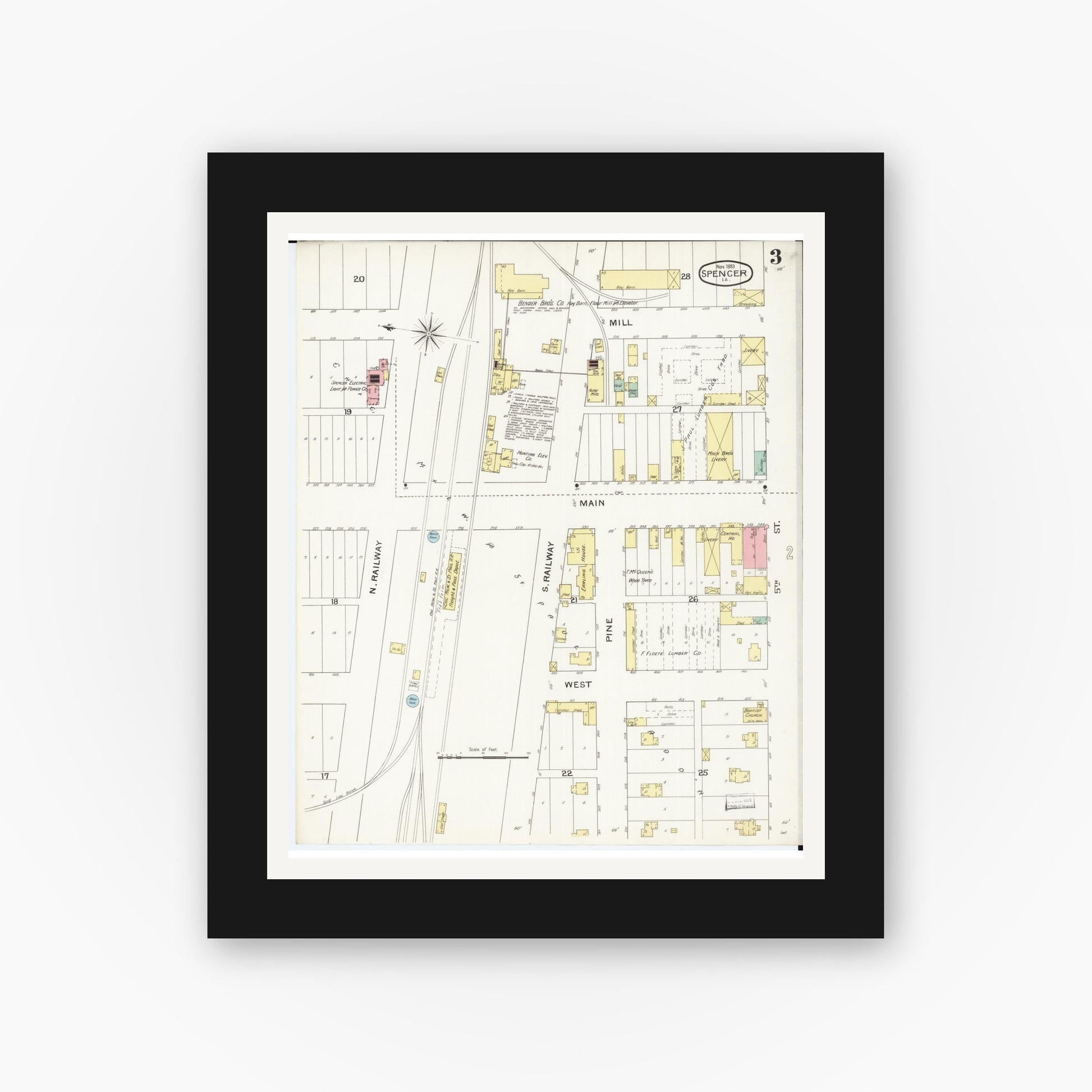 Old map wall art mockup — black gallery frame with white mat — Sanborn Fire Insurance Map from Spencer, Clay County, Iowa (1893), Sheet #0003