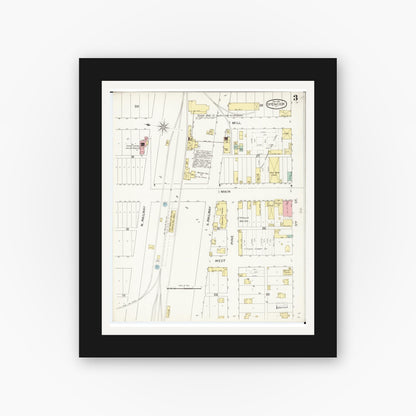 Old map wall art mockup — black gallery frame with white mat — Sanborn Fire Insurance Map from Spencer, Clay County, Iowa (1893), Sheet #0003