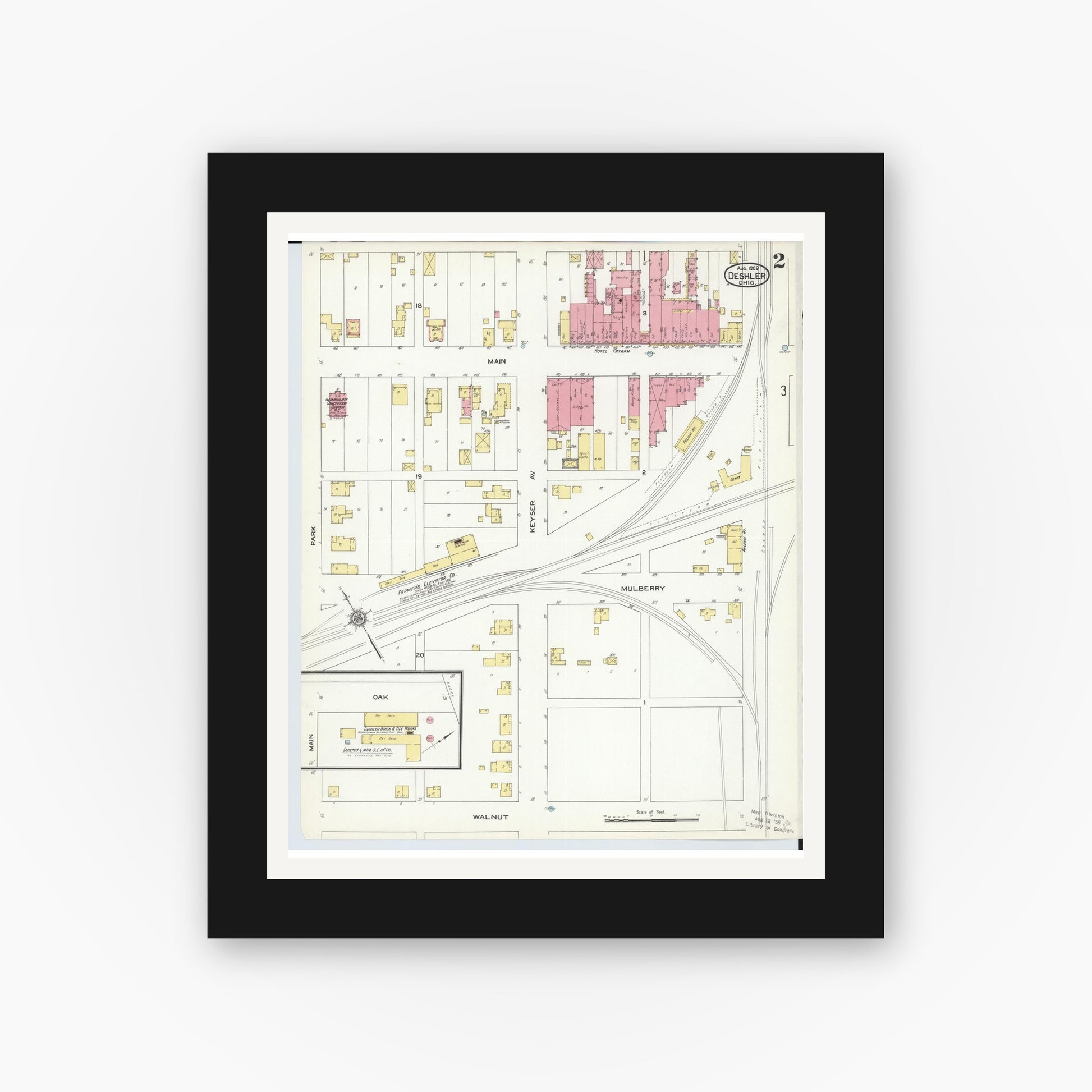 Old map wall art mockup — black gallery frame with white mat — Sanborn Fire Insurance Map from Deshler, Henry County, Ohio (1909), Sheet #0002