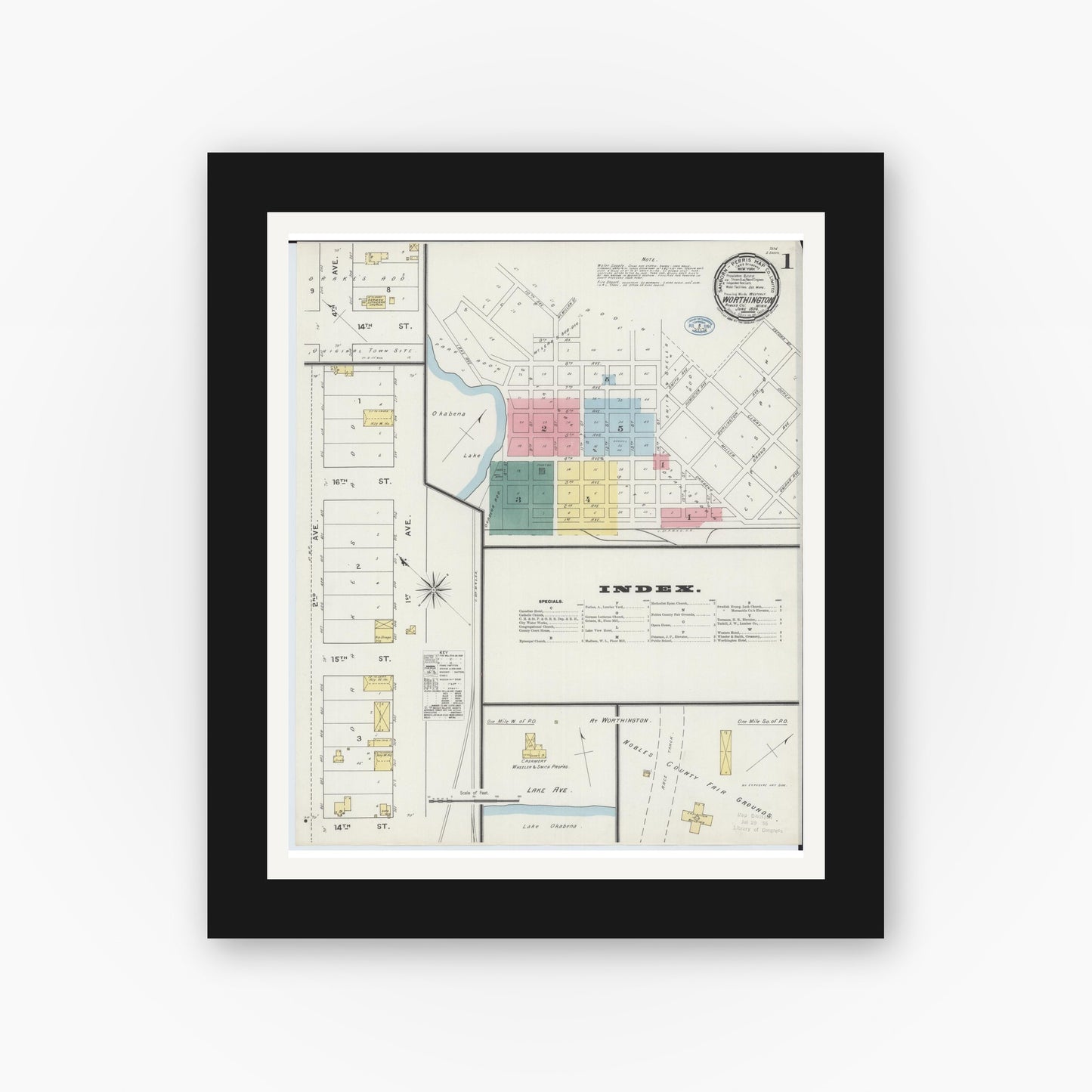 Old map wall art mockup — black gallery frame with white mat — Sanborn Fire Insurance Map from Worthington, Nobles County, Minnesota (1894) - Complete Map Set