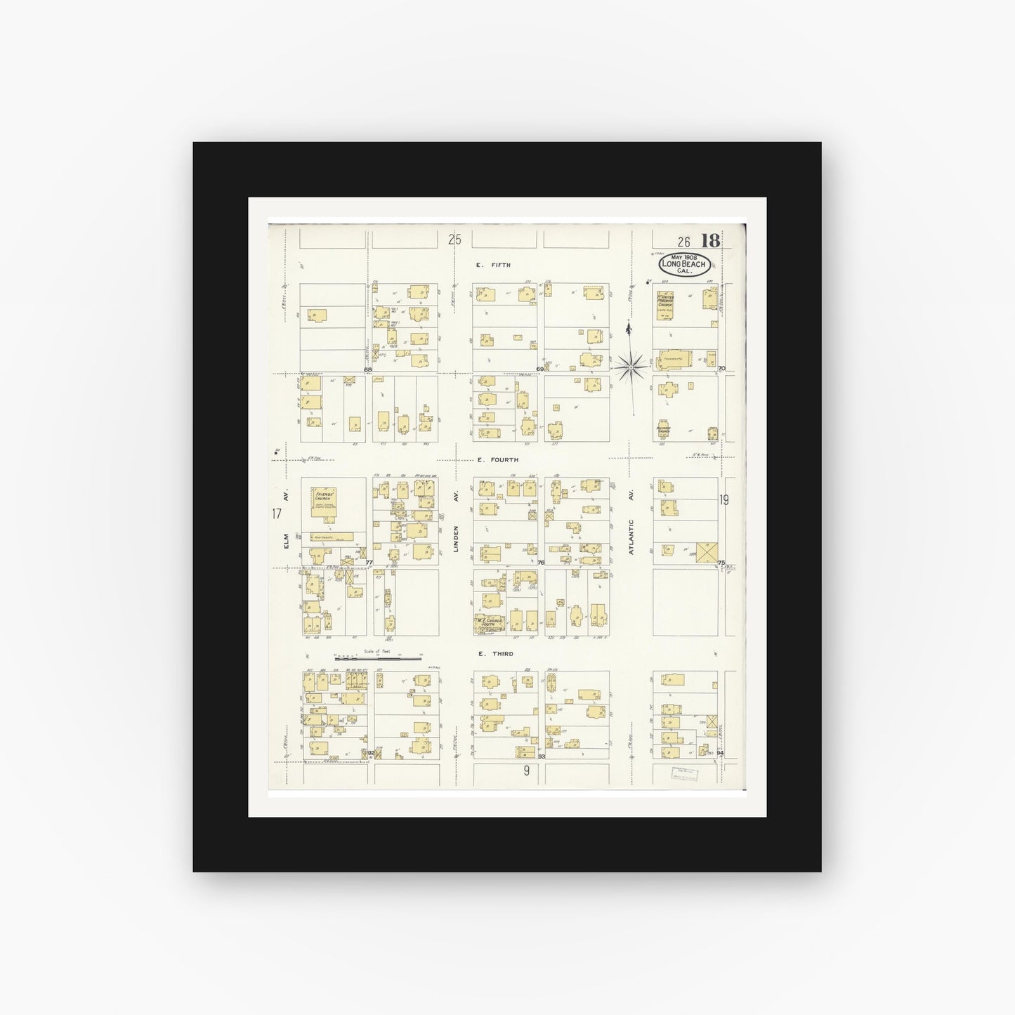 Old map wall art mockup — black gallery frame with white mat — Sanborn Fire Insurance Map from Long Beach, Los Angeles County, California (1908), Sheet #0018