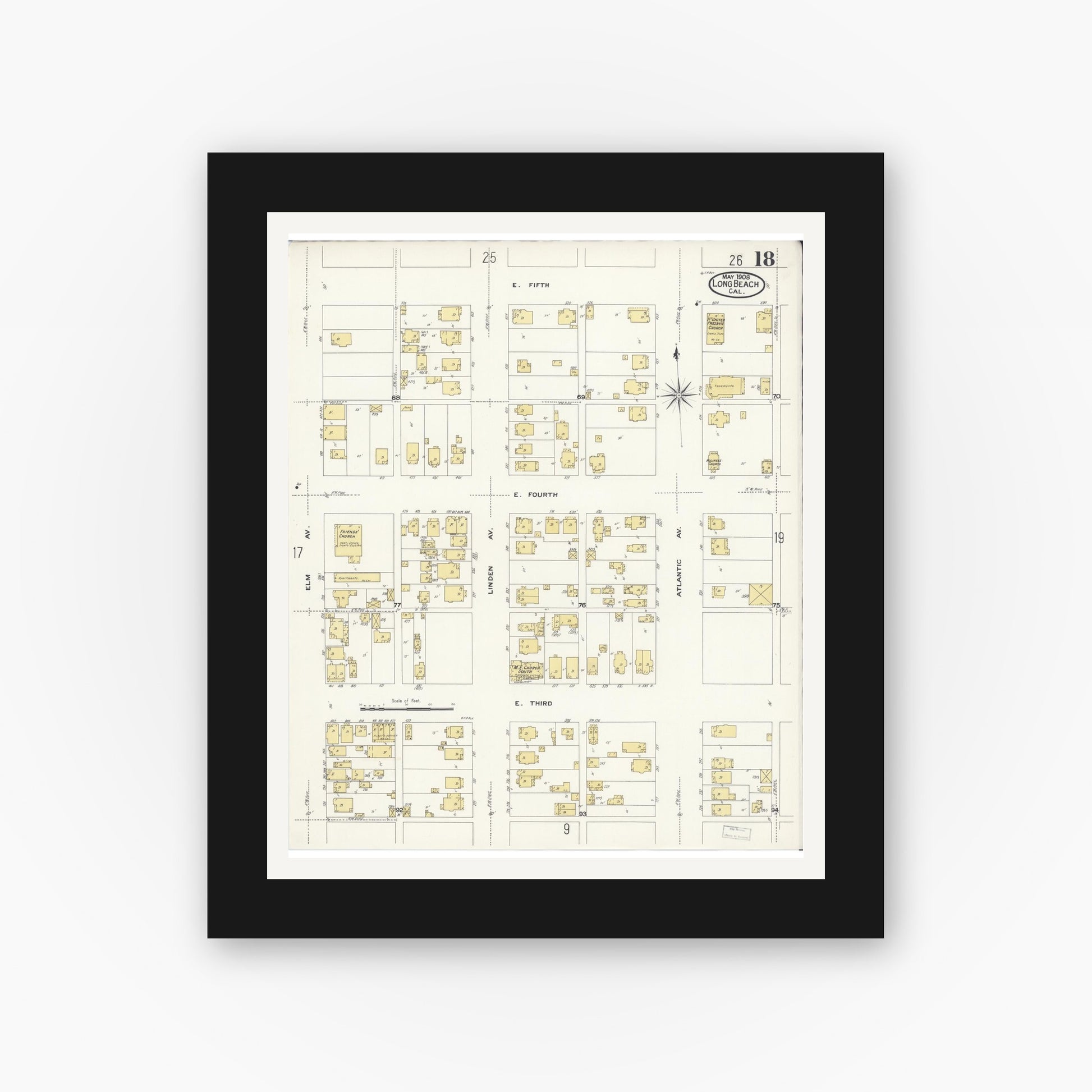 Old map wall art mockup — black gallery frame with white mat — Sanborn Fire Insurance Map from Long Beach, Los Angeles County, California (1908), Sheet #0018
