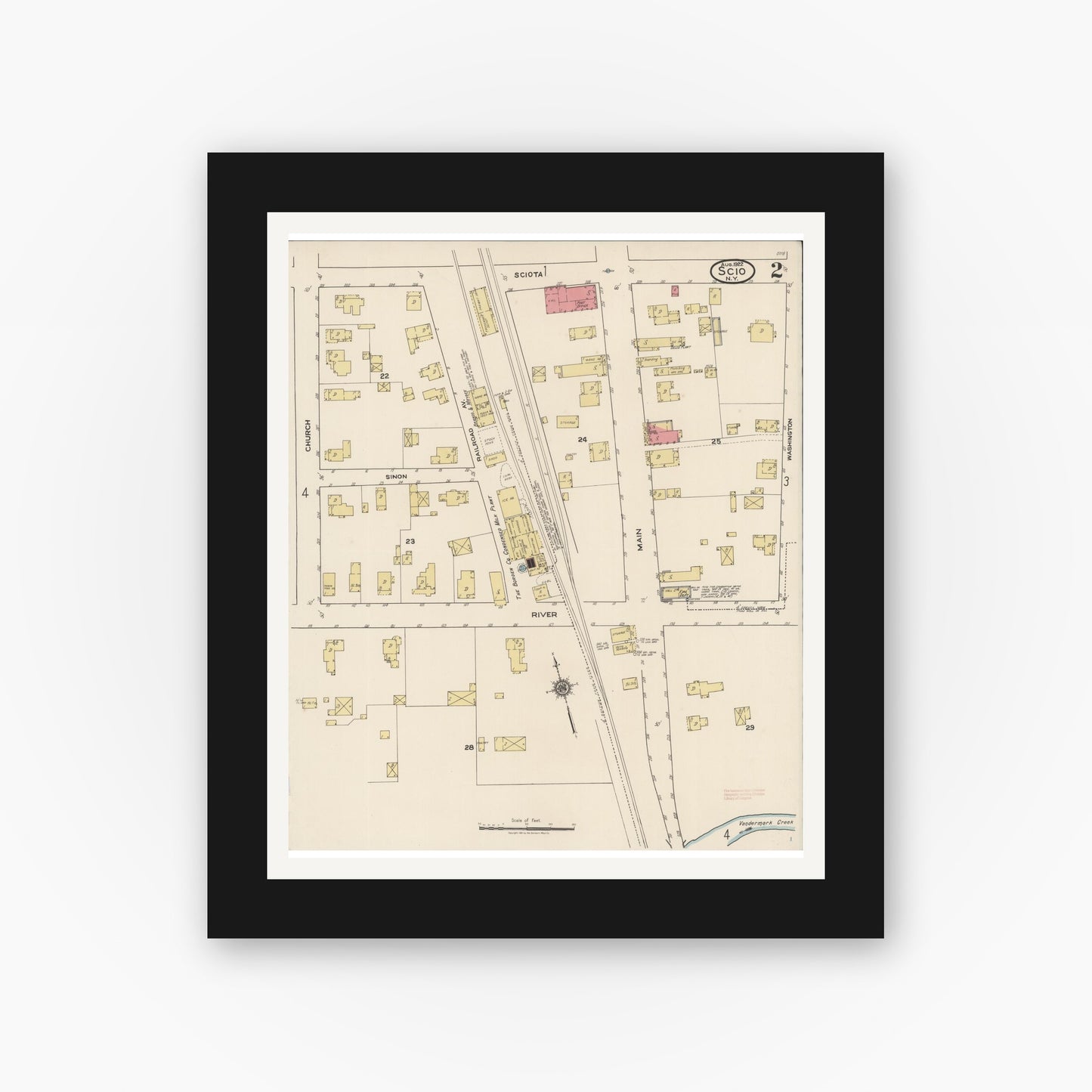 Old map wall art mockup — black gallery frame with white mat — Sanborn Fire Insurance Map from Scio, Allegany County, New York (1922), Sheet #0002