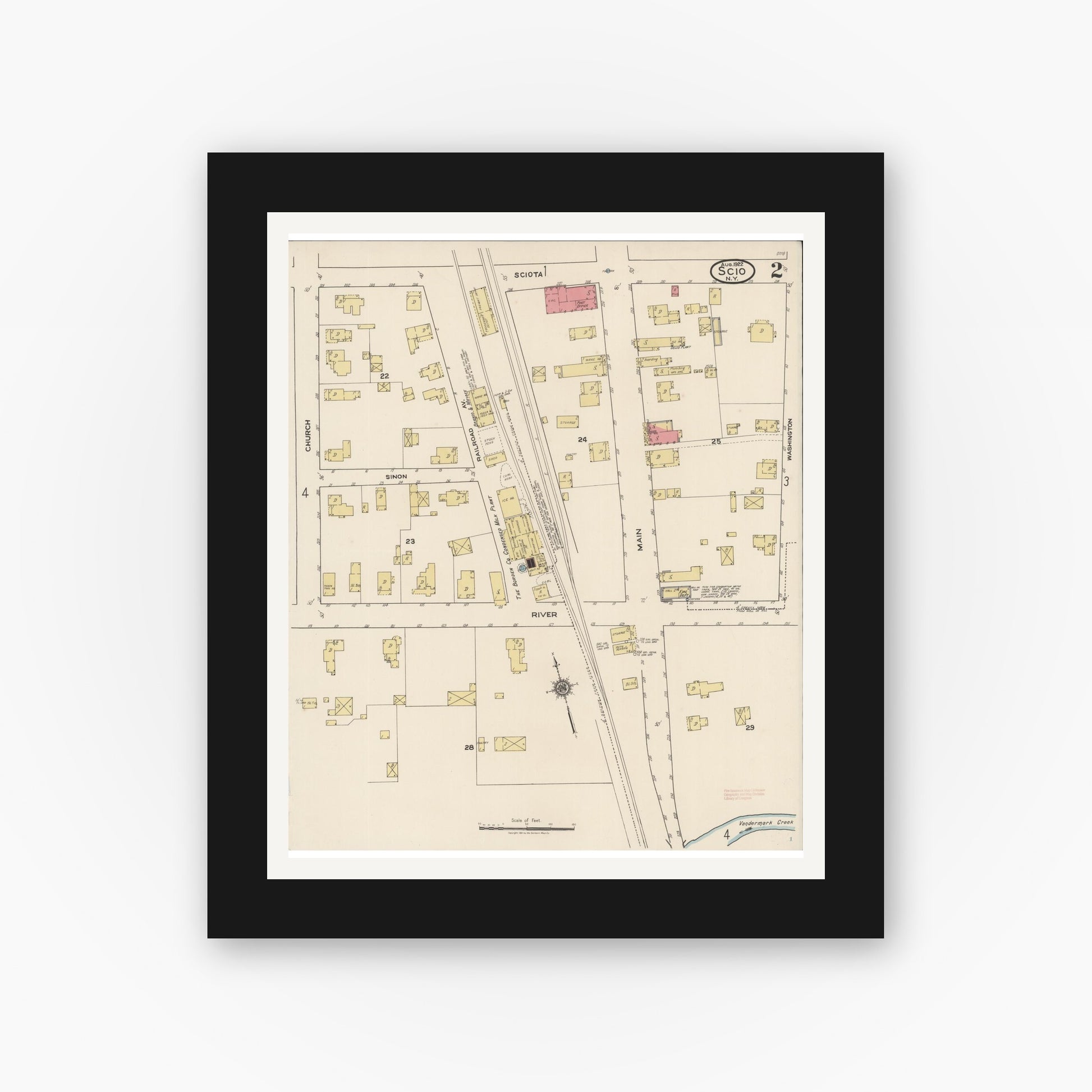Old map wall art mockup — black gallery frame with white mat — Sanborn Fire Insurance Map from Scio, Allegany County, New York (1922), Sheet #0002
