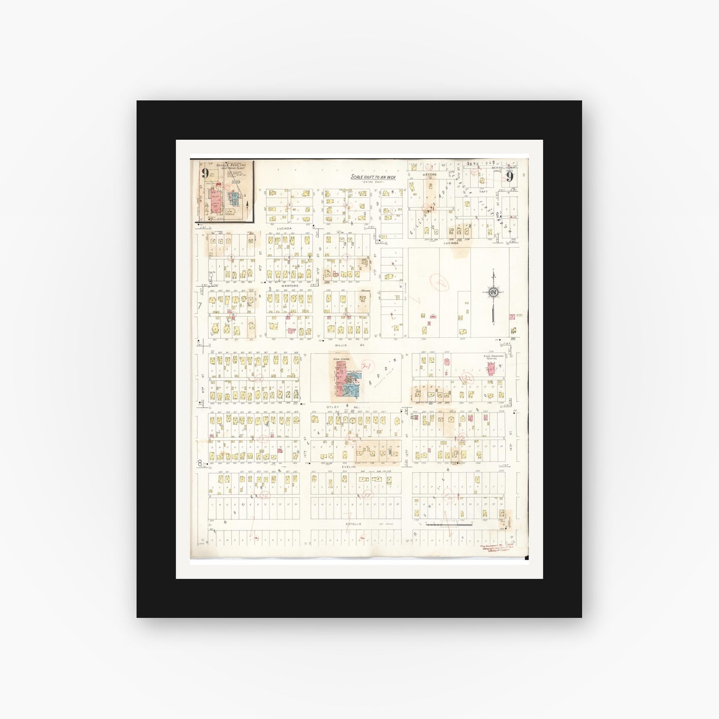 Old map wall art mockup — black gallery frame with white mat — Sanborn Fire Insurance Map from Perry, Dallas County, Iowa (1947), Sheet #0009