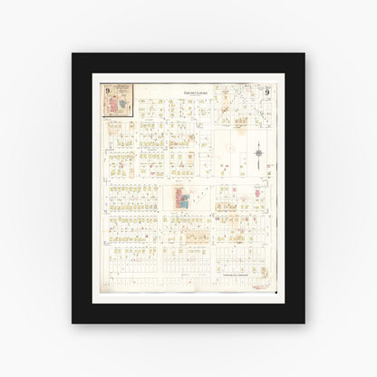 Old map wall art mockup — black gallery frame with white mat — Sanborn Fire Insurance Map from Perry, Dallas County, Iowa (1947), Sheet #0009