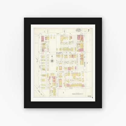 Old map wall art mockup — black gallery frame with white mat — Sanborn Fire Insurance Map from Whiting, Lake County, Indiana (1907), Sheet #0007