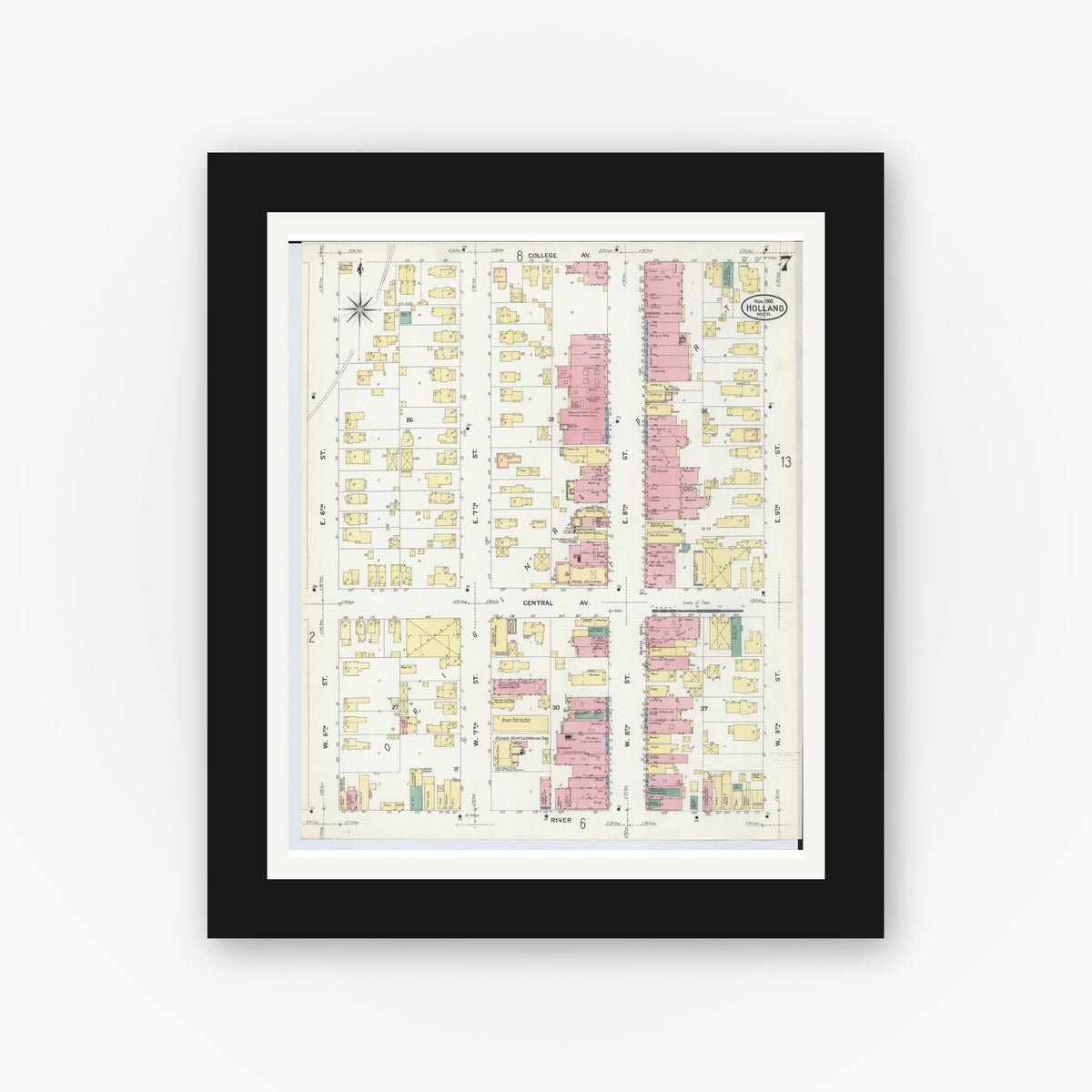 Old map wall art mockup — black gallery frame with white mat — Sanborn Fire Insurance Map from Holland, Ottawa County, Michigan (1908), Sheet #0007