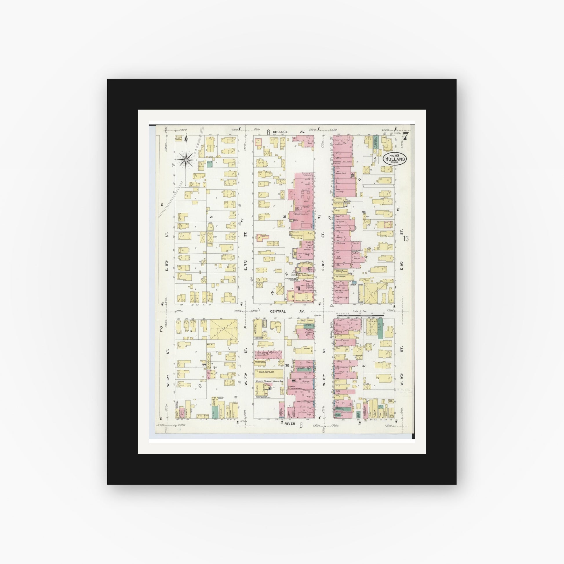 Old map wall art mockup — black gallery frame with white mat — Sanborn Fire Insurance Map from Holland, Ottawa County, Michigan (1908), Sheet #0007