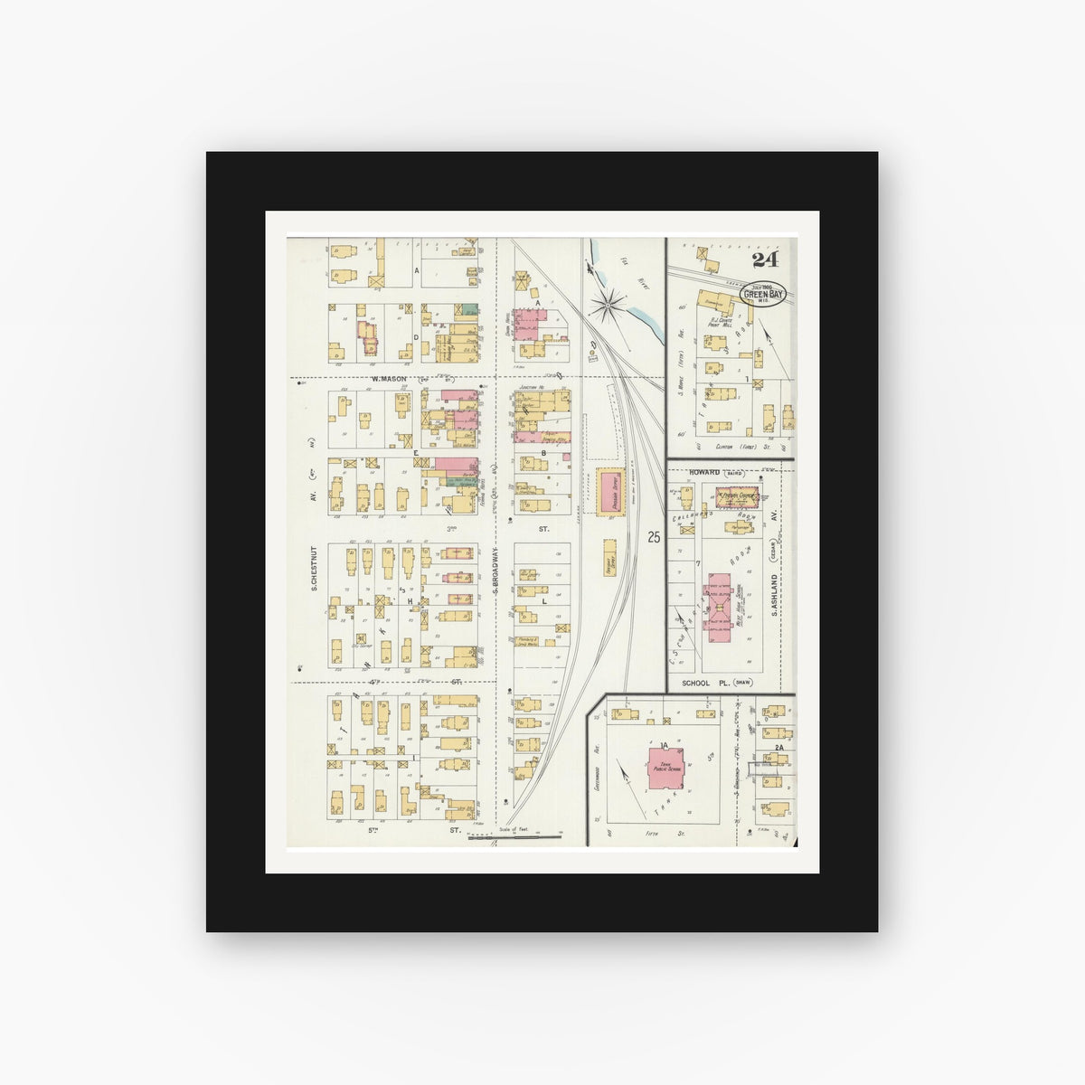 Old map wall art mockup — black gallery frame with white mat — Sanborn Fire Insurance Map from Green Bay, Brown County, Wisconsin (1900), Sheet #0024