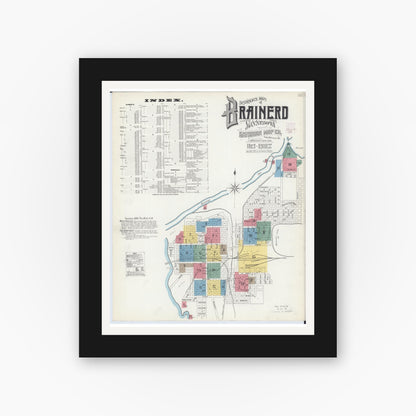 Old map wall art mockup — black gallery frame with white mat — Sanborn Fire Insurance Map from Brainerd, Crow Wing County, Minnesota (1902), Sheet #0001
