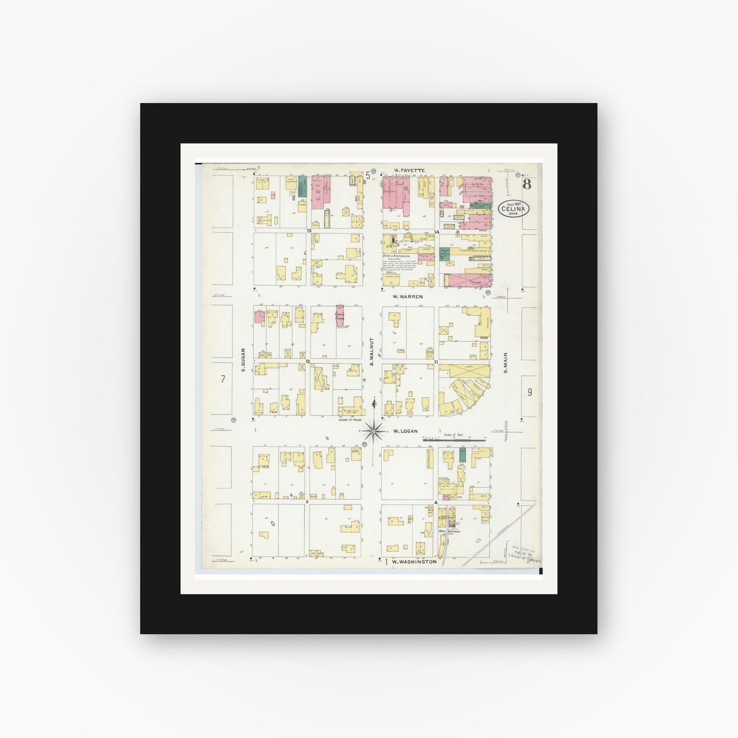 Old map wall art mockup — black gallery frame with white mat — Sanborn Fire Insurance Map from Celina, Mercer County, Ohio (1907), Sheet #0008