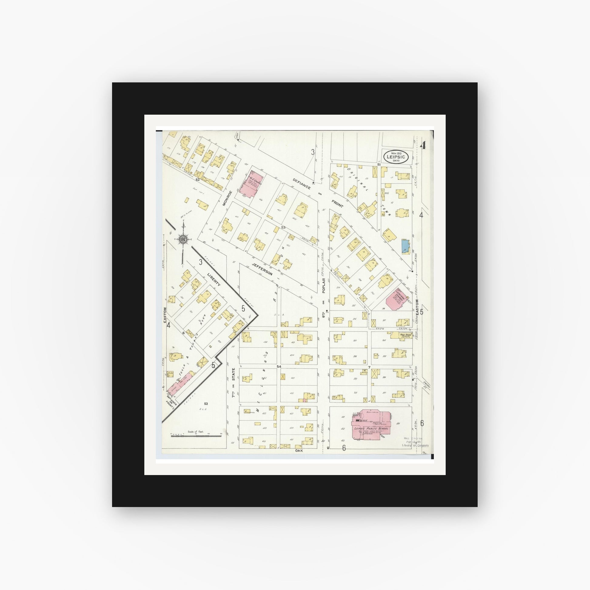 Old map wall art mockup — black gallery frame with white mat — Sanborn Fire Insurance Map from Leipsic, Putnam County, Ohio (1910), Sheet #0004