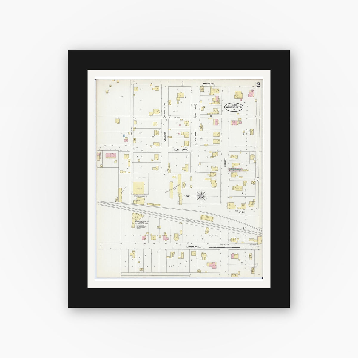 Old map wall art mockup — black gallery frame with white mat — Sanborn Fire Insurance Map from Winchester, Scott County, Illinois (1906), Sheet #0002