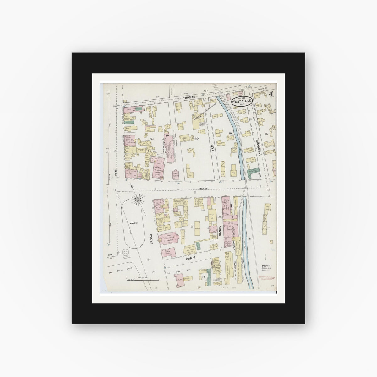 Old map wall art mockup — black gallery frame with white mat — Sanborn Fire Insurance Map from Westfield, Hampden County, Massachusetts (1889), Sheet #0004