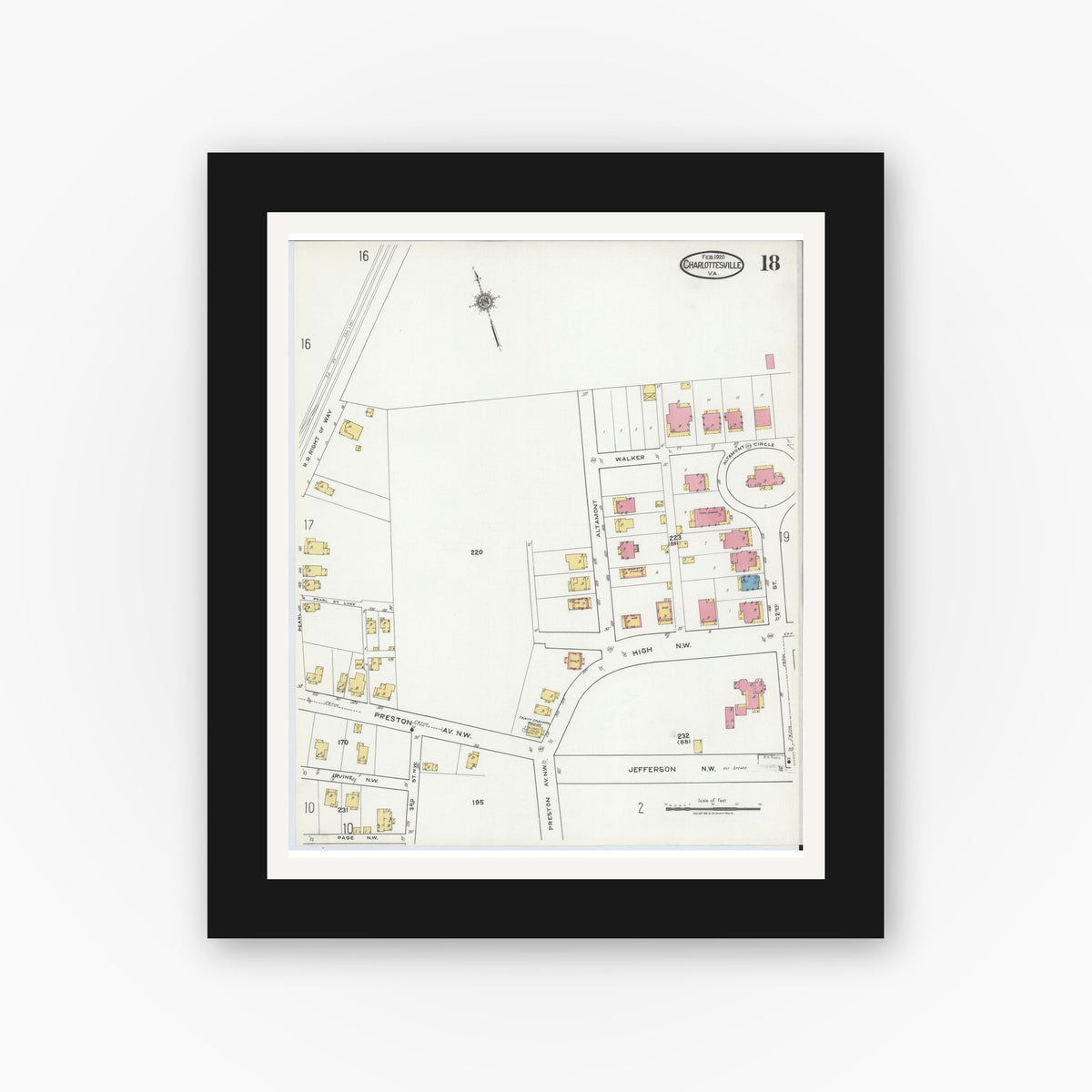 Old map wall art mockup — black gallery frame with white mat — Sanborn Fire Insurance Map from Charlottesville, Independent Cities, Virginia (1920), Sheet #0018