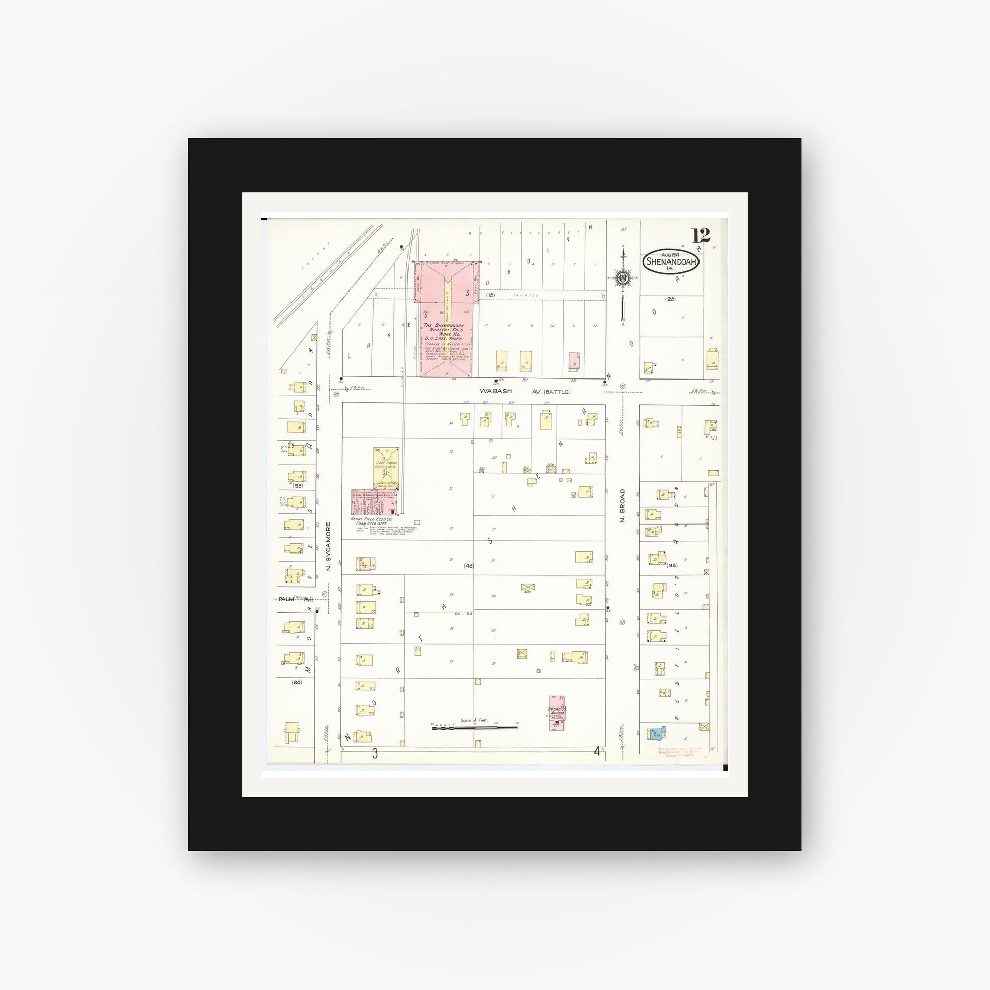 Old map wall art mockup — black gallery frame with white mat — Sanborn Fire Insurance Map from Shenandoah, Page County, Iowa (1914), Sheet #0012