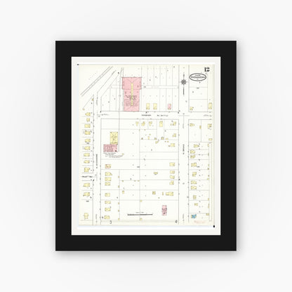 Old map wall art mockup — black gallery frame with white mat — Sanborn Fire Insurance Map from Shenandoah, Page County, Iowa (1914), Sheet #0012