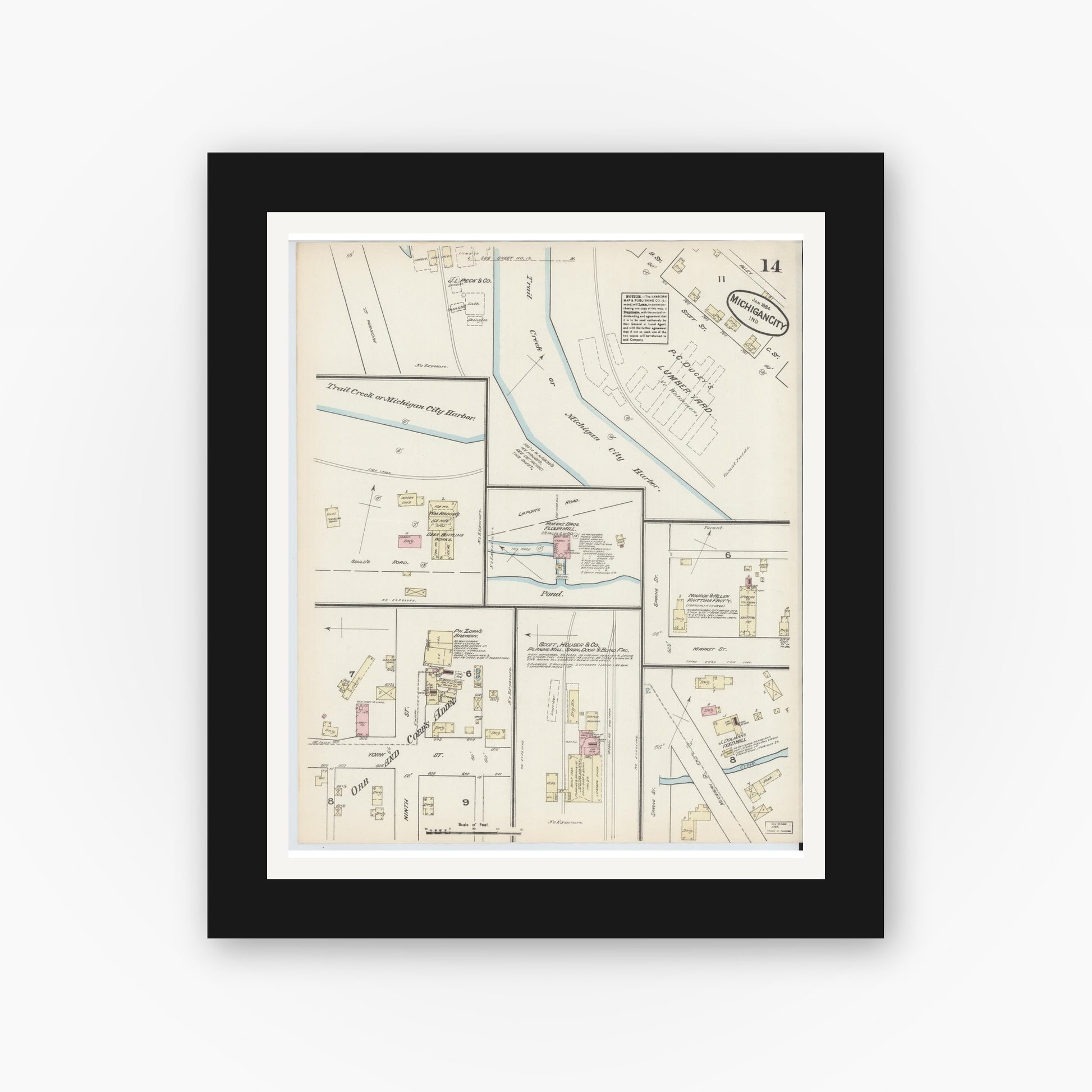 Old map wall art mockup — black gallery frame with white mat — Sanborn Fire Insurance Map from Michigan City, La Porte  County, Indiana (1884), Sheet #0014