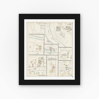 Old map wall art mockup — black gallery frame with white mat — Sanborn Fire Insurance Map from Michigan City, La Porte  County, Indiana (1884), Sheet #0014