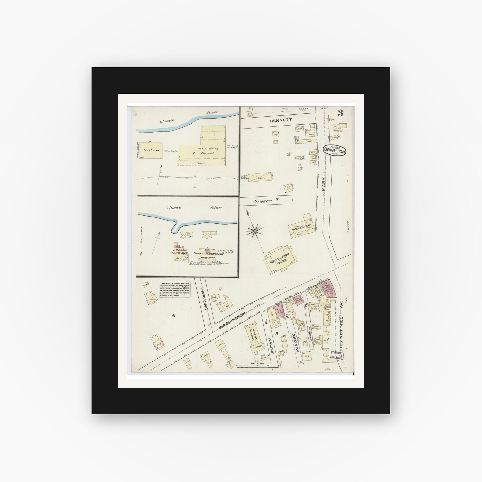 Old map wall art mockup — black gallery frame with white mat — Sanborn Fire Insurance Map from Brighton, Suffolk County, Massachusetts (1884), Sheet #0003