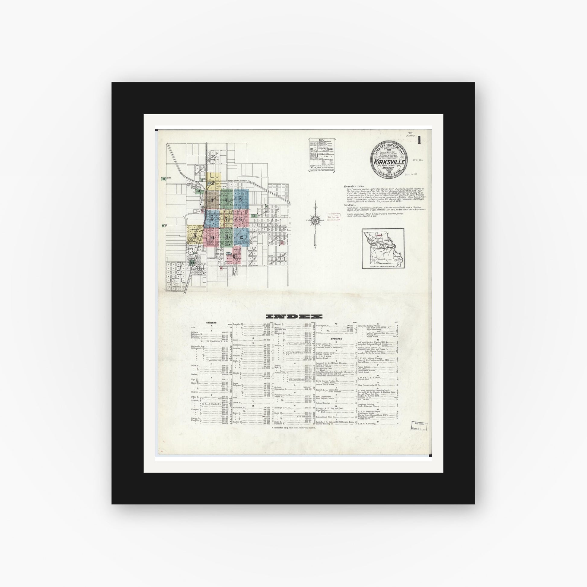 Old map wall art mockup — black gallery frame with white mat — Sanborn Fire Insurance Map from Kirksville, Adair County, Missouri (1914) - Complete Map Set