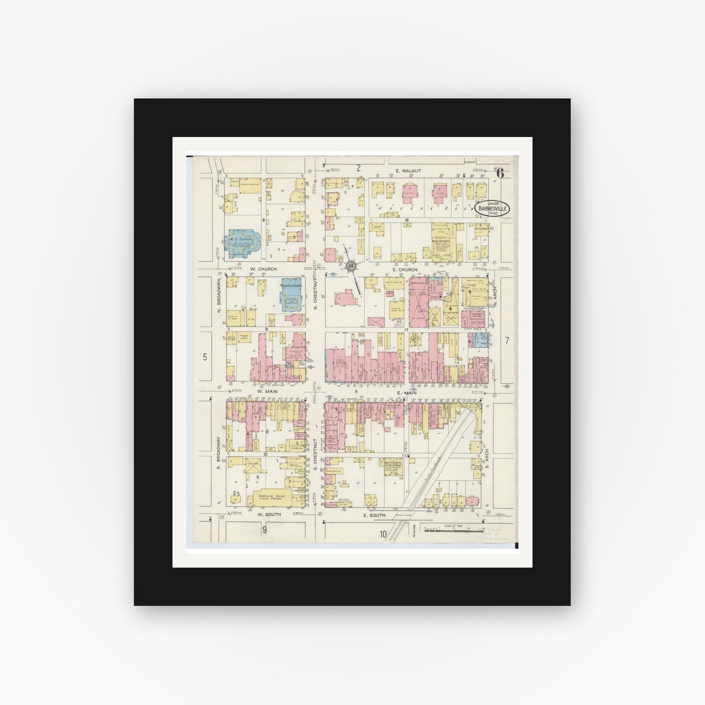 Old map wall art mockup — black gallery frame with white mat — Sanborn Fire Insurance Map from Barnesville, Belmont County, Ohio (1915), Sheet #0006