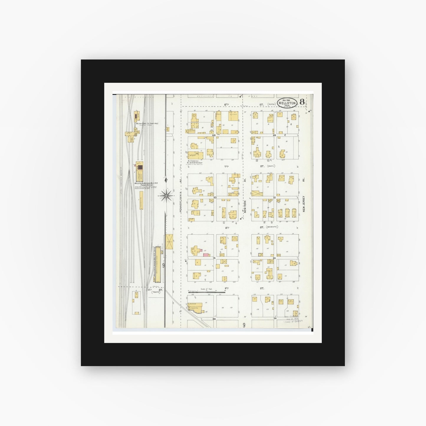 Old map wall art mockup — black gallery frame with white mat — Sanborn Fire Insurance Map from Wellston, Jackson County, Ohio (1904), Sheet #0008