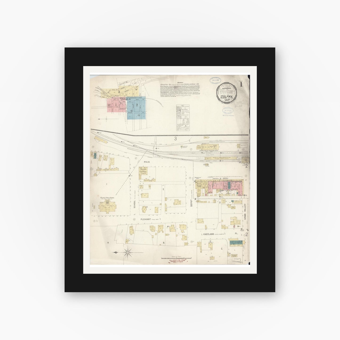 Old map wall art mockup — black gallery frame with white mat — Sanborn Fire Insurance Map from Colfax, Placer County, California (1898), Sheet #0001