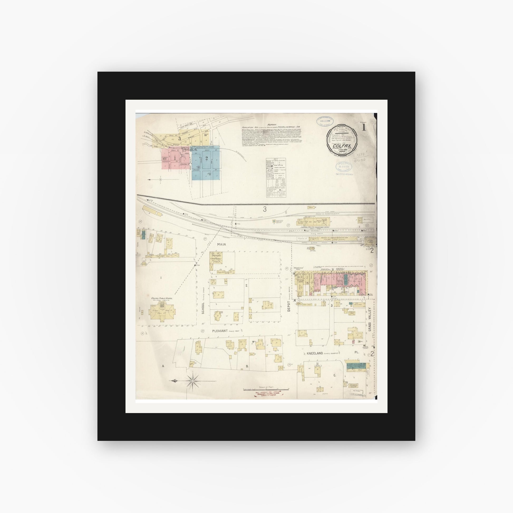 Old map wall art mockup — black gallery frame with white mat — Sanborn Fire Insurance Map from Colfax, Placer County, California (1898), Sheet #0001
