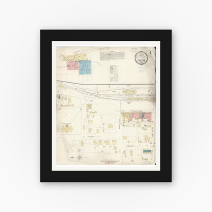 Old map wall art mockup — black gallery frame with white mat — Sanborn Fire Insurance Map from Colfax, Placer County, California (1898), Sheet #0001