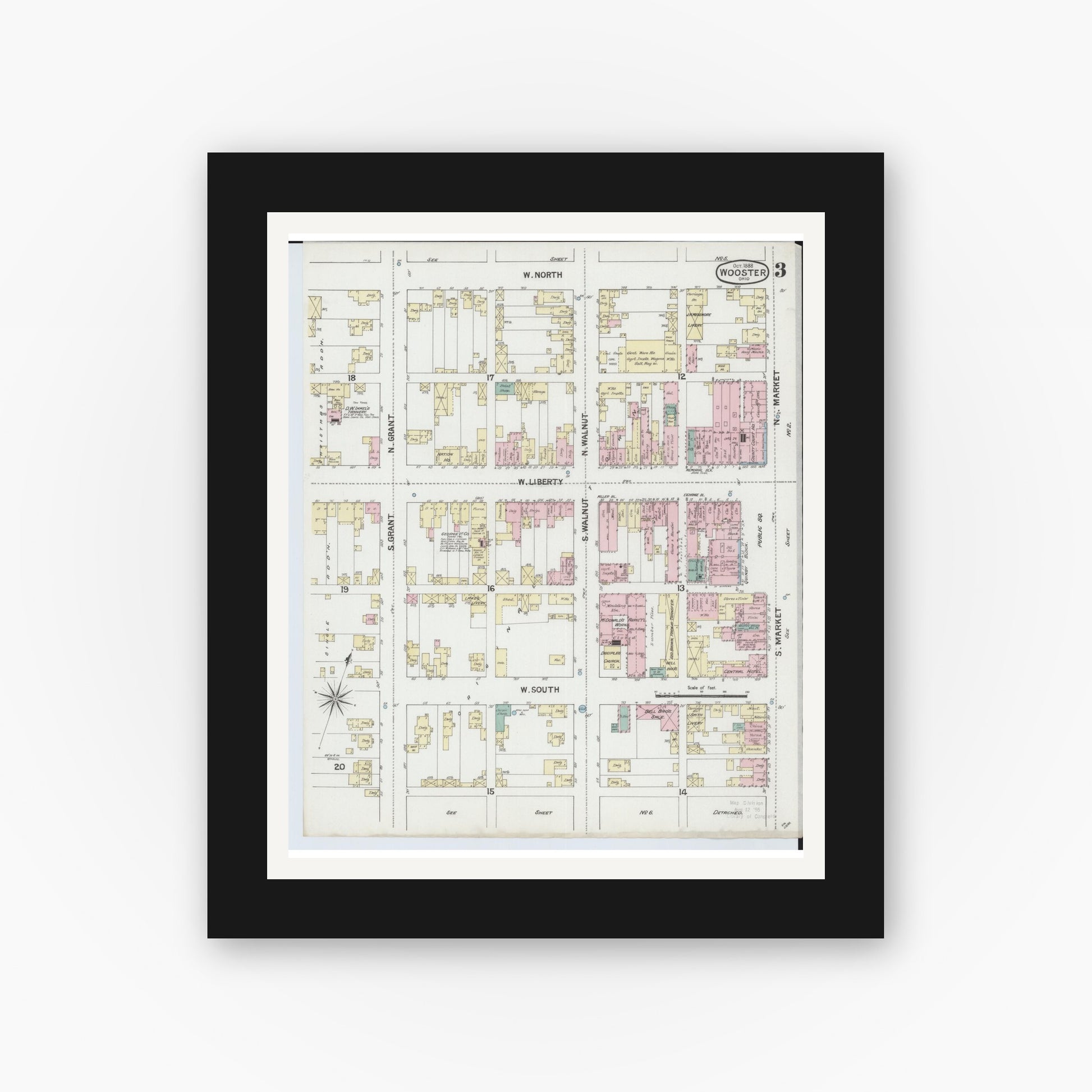 Old map wall art mockup — black gallery frame with white mat — Sanborn Fire Insurance Map from Wooster, Wayne County, Ohio (1888), Sheet #0003
