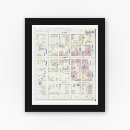 Old map wall art mockup — black gallery frame with white mat — Sanborn Fire Insurance Map from Wooster, Wayne County, Ohio (1888), Sheet #0003