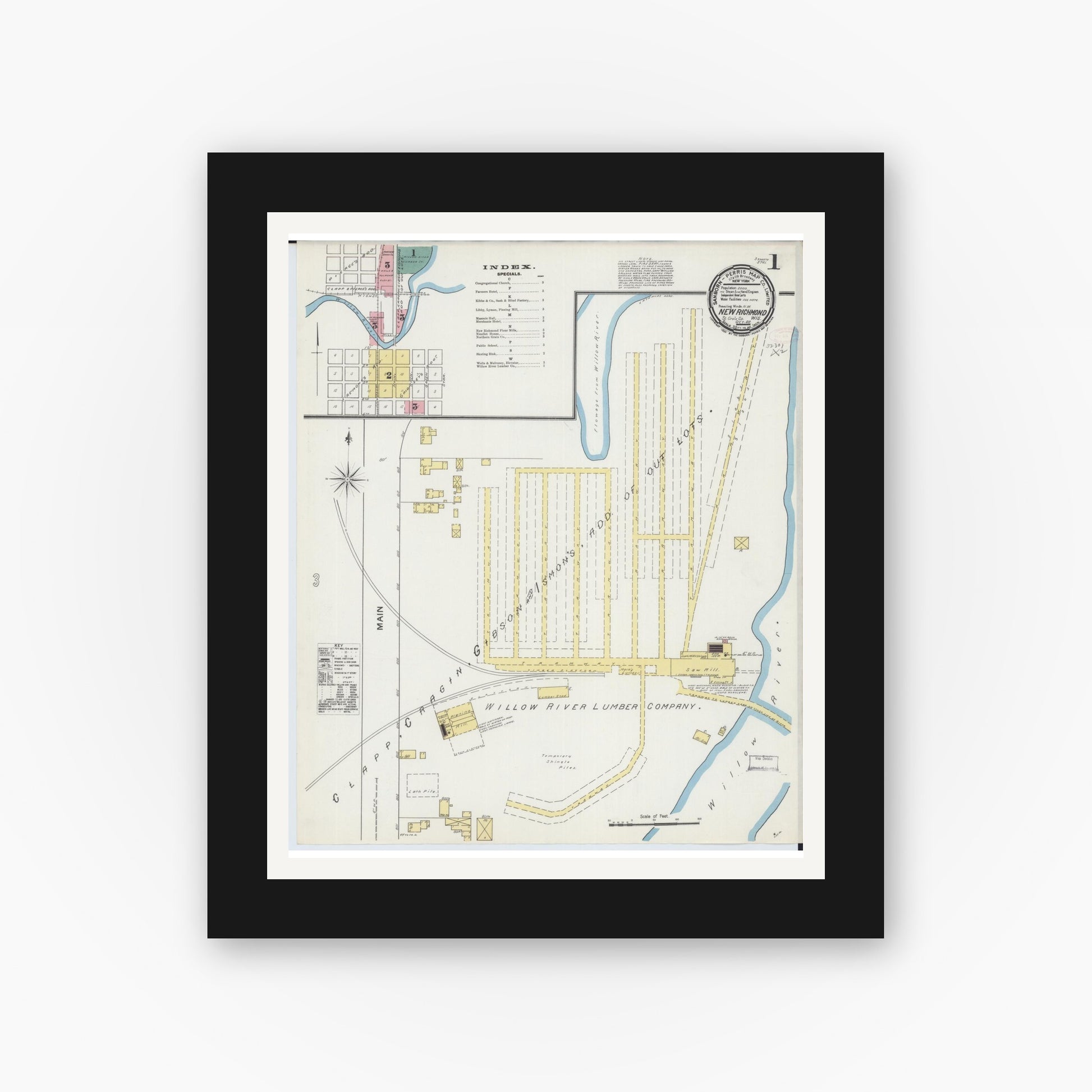Old map wall art mockup — black gallery frame with white mat — Sanborn Fire Insurance Map from New Richmond, St. Croix County, Wisconsin (1892), Sheet #0001