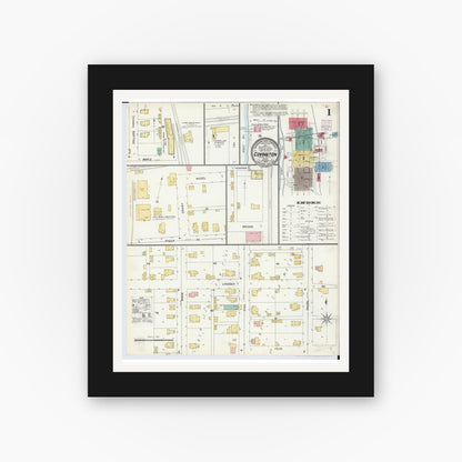 Old map wall art mockup — black gallery frame with white mat — Sanborn Fire Insurance Map from Covington, Miami County, Ohio (1905), Sheet #0001