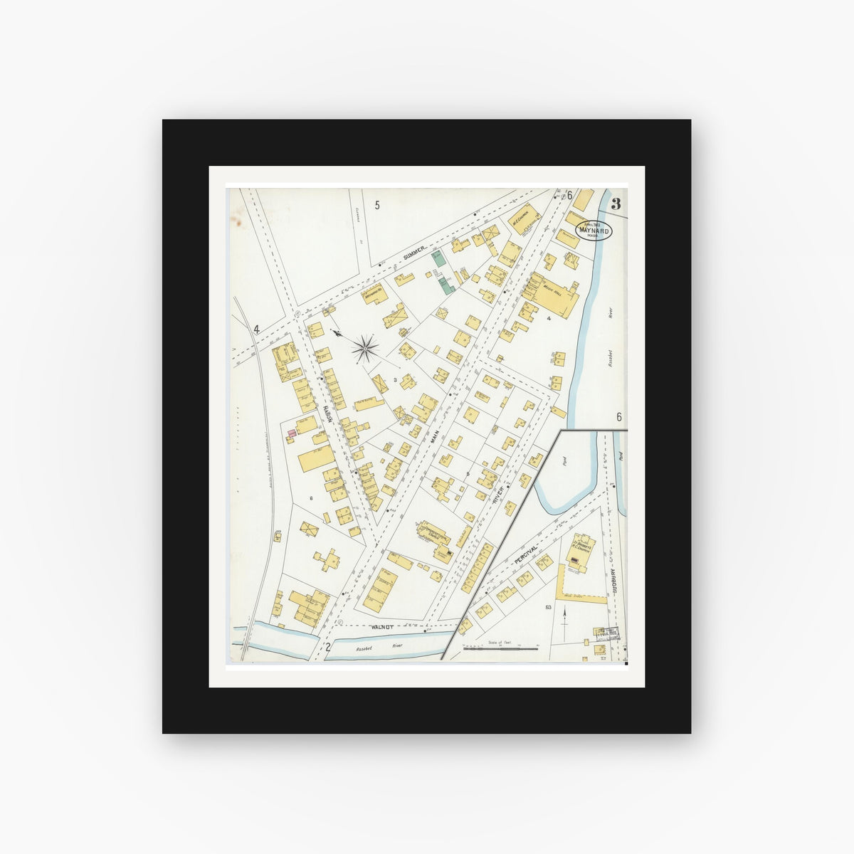 Old map wall art mockup — black gallery frame with white mat — Sanborn Fire Insurance Map from Maynard, Middlesex County, Massachusetts (1904), Sheet #0003