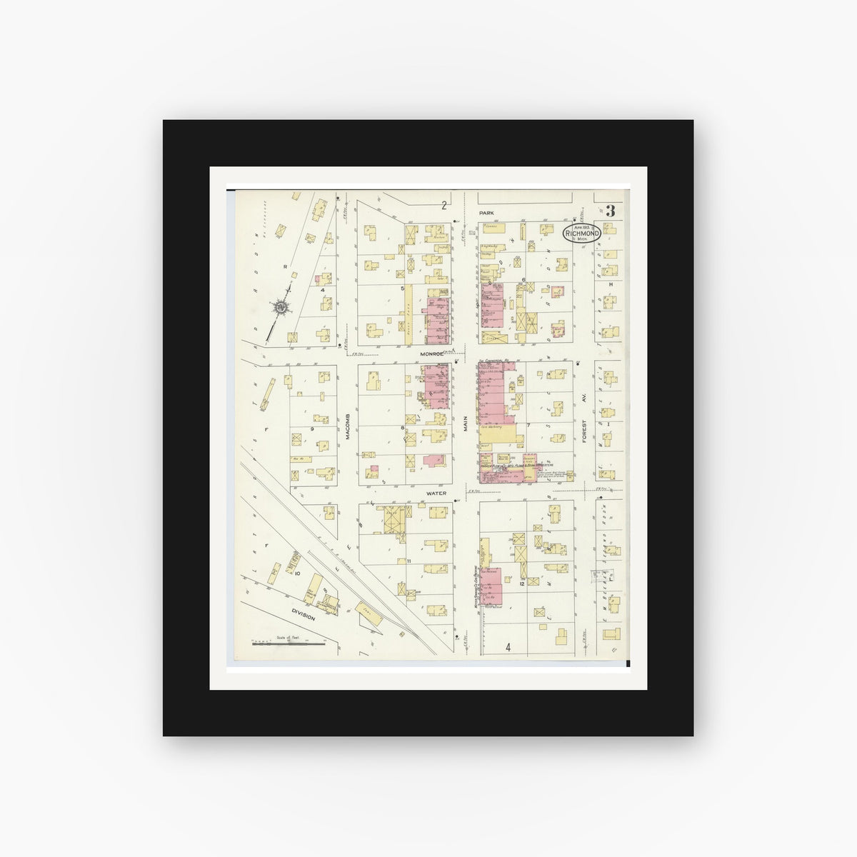 Old map wall art mockup — black gallery frame with white mat — Sanborn Fire Insurance Map from Richmond, Macomb County, Michigan (1913), Sheet #0003