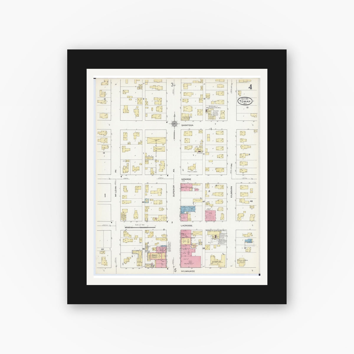 Old map wall art mockup — black gallery frame with white mat — Sanborn Fire Insurance Map from Tomah, Monroe County, Wisconsin (1912), Sheet #0004
