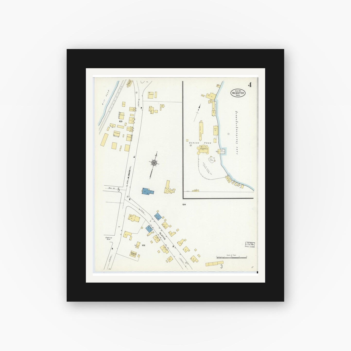 Old map wall art mockup — black gallery frame with white mat — Sanborn Fire Insurance Map from Webster, Worcester County, Massachusetts (1911), Sheet #0004