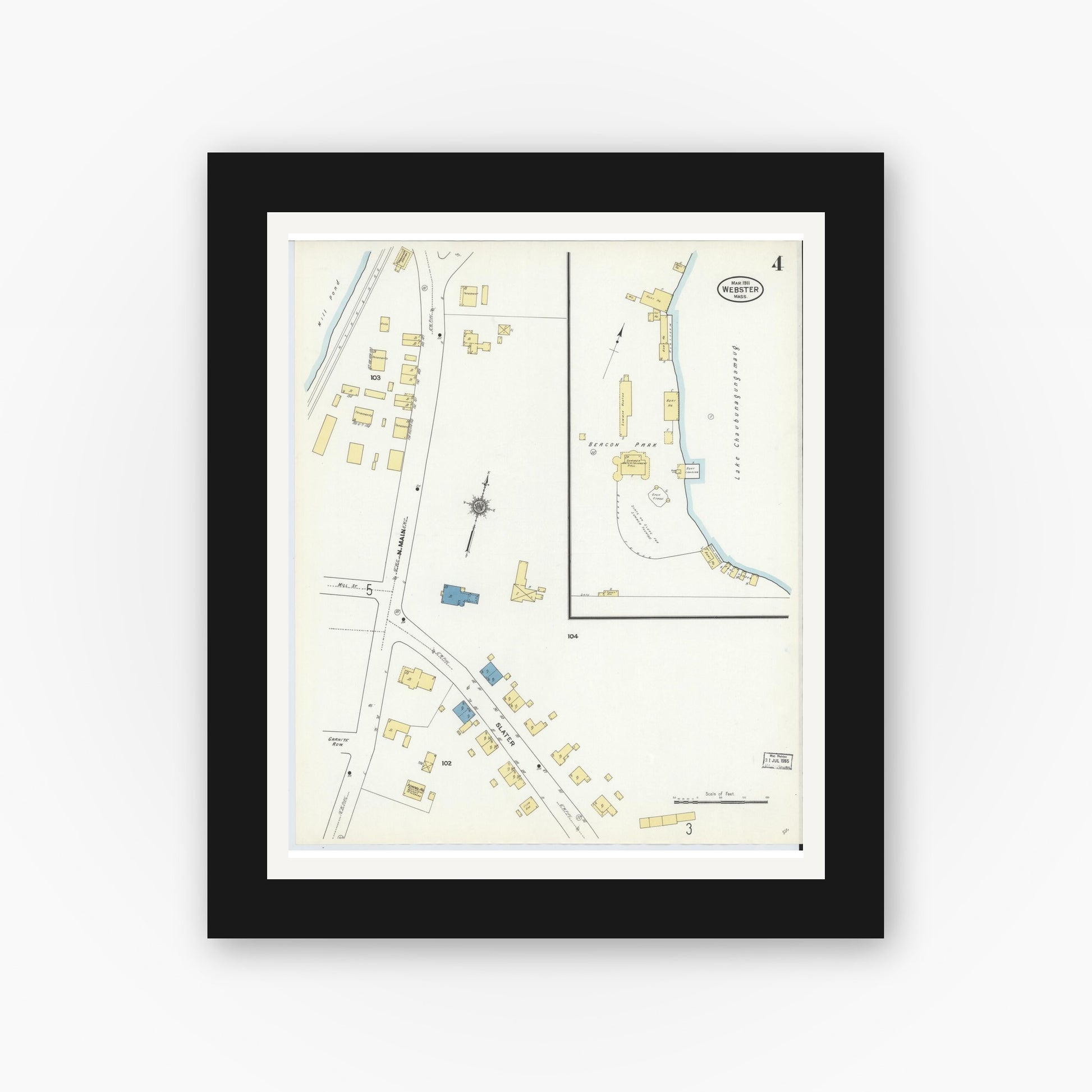 Old map wall art mockup — black gallery frame with white mat — Sanborn Fire Insurance Map from Webster, Worcester County, Massachusetts (1911), Sheet #0004