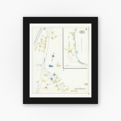Old map wall art mockup — black gallery frame with white mat — Sanborn Fire Insurance Map from Webster, Worcester County, Massachusetts (1911), Sheet #0004
