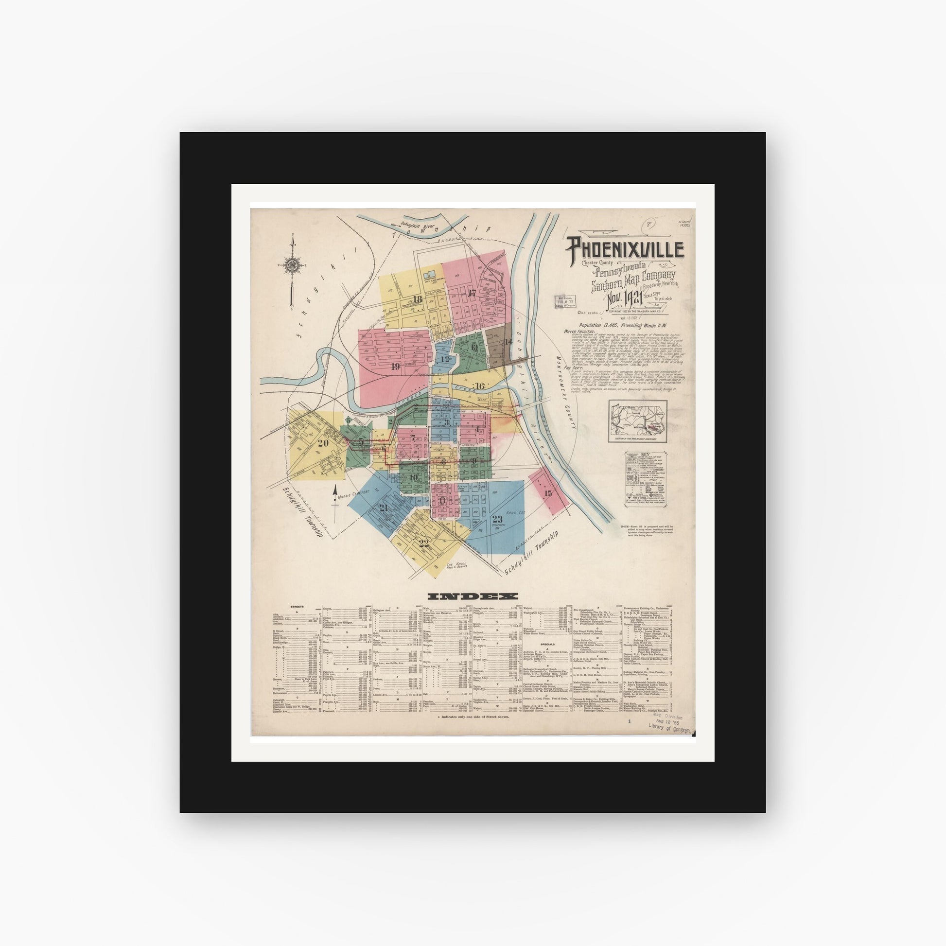 Old map wall art mockup — black gallery frame with white mat — Sanborn Fire Insurance Map from Phoenixville, Chester County, Pennsylvania (1921) - Complete Map Set