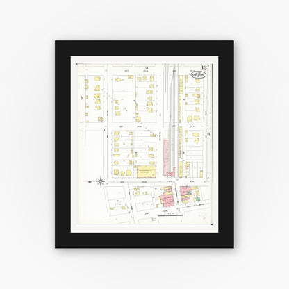 Old map wall art mockup — black gallery frame with white mat — Sanborn Fire Insurance Map from Fort Dodge, Webster County, Iowa (1907), Sheet #0013