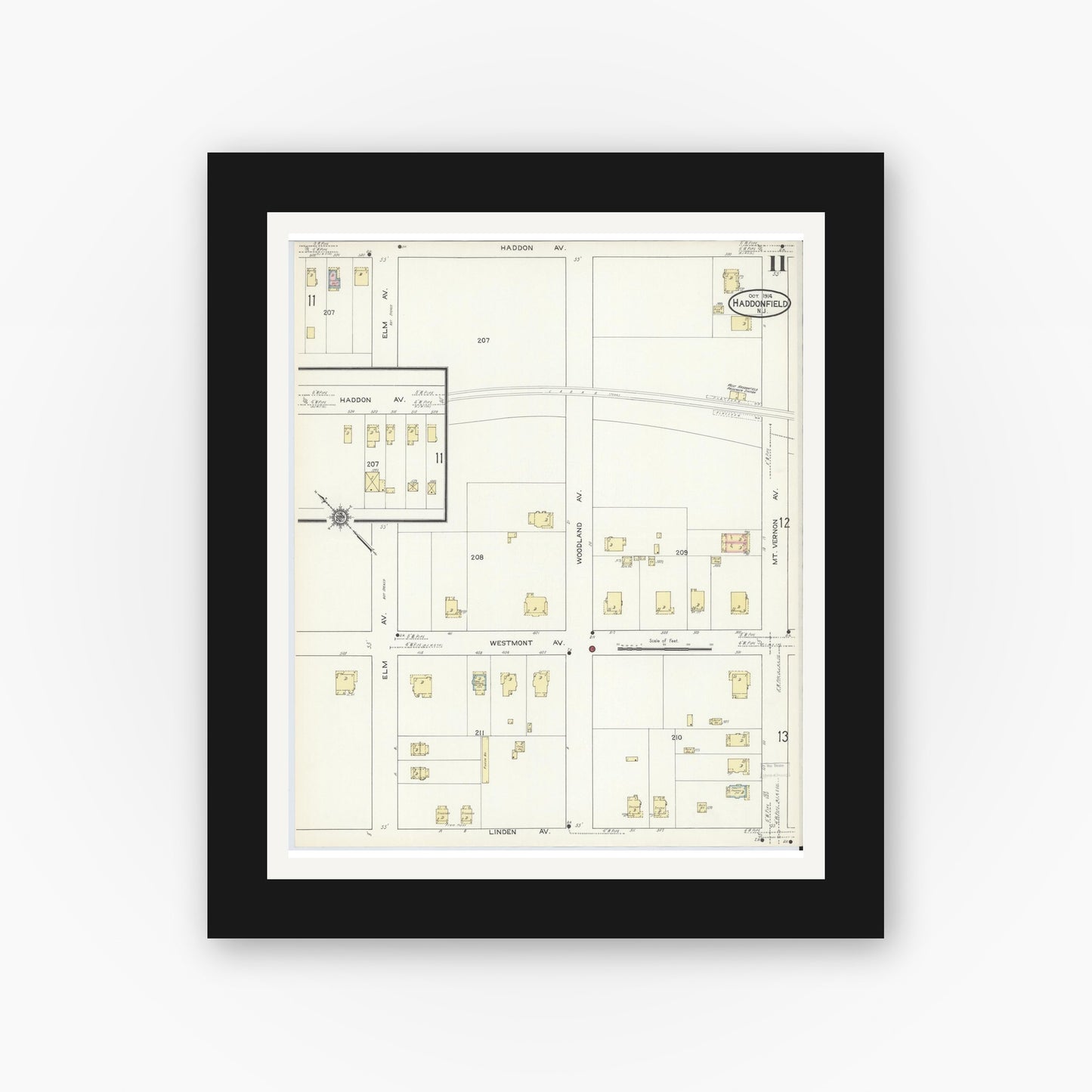 Old map wall art mockup — black gallery frame with white mat — Sanborn Fire Insurance Map from Haddonfield, Camden County, New Jersey (1914), Sheet #0011