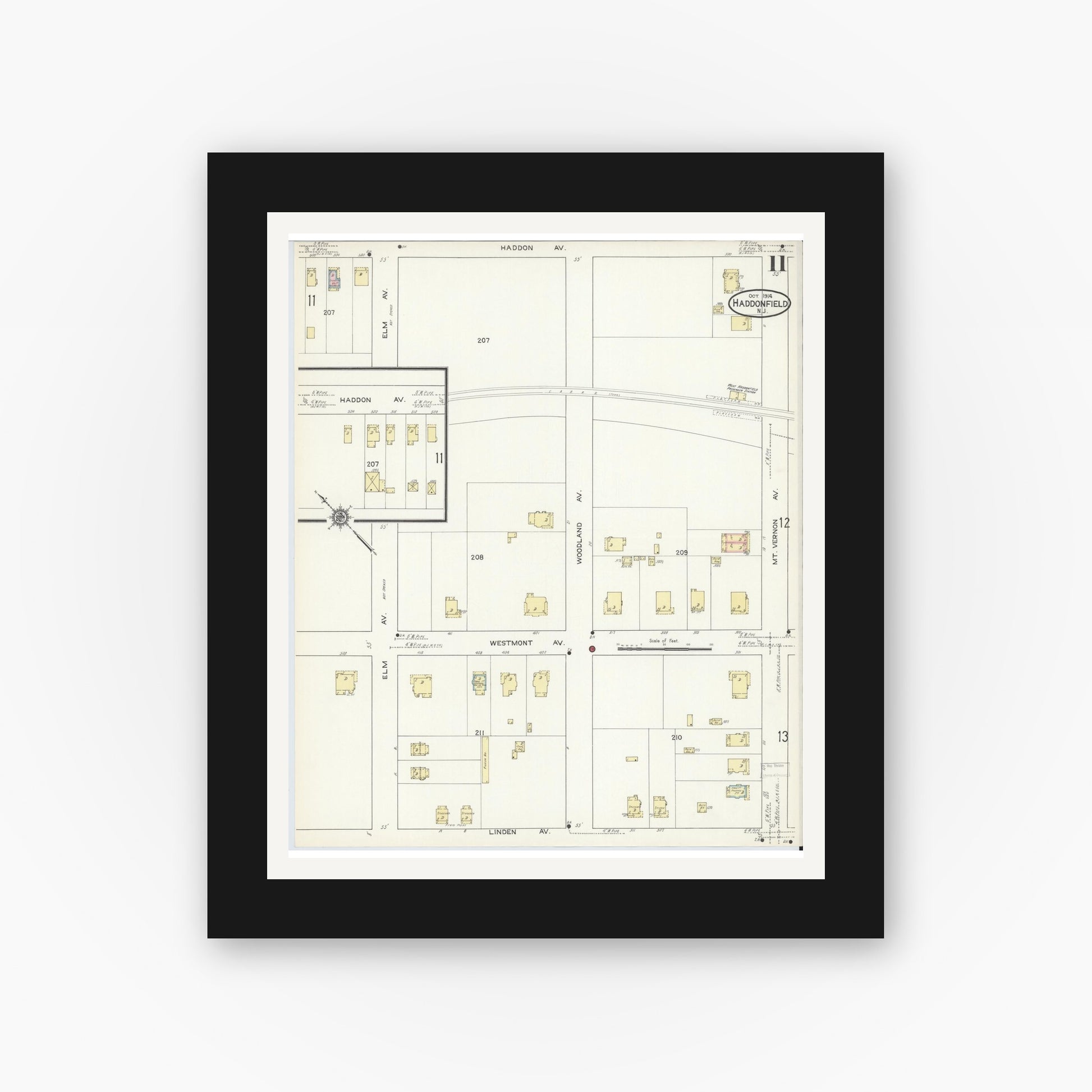 Old map wall art mockup — black gallery frame with white mat — Sanborn Fire Insurance Map from Haddonfield, Camden County, New Jersey (1914), Sheet #0011