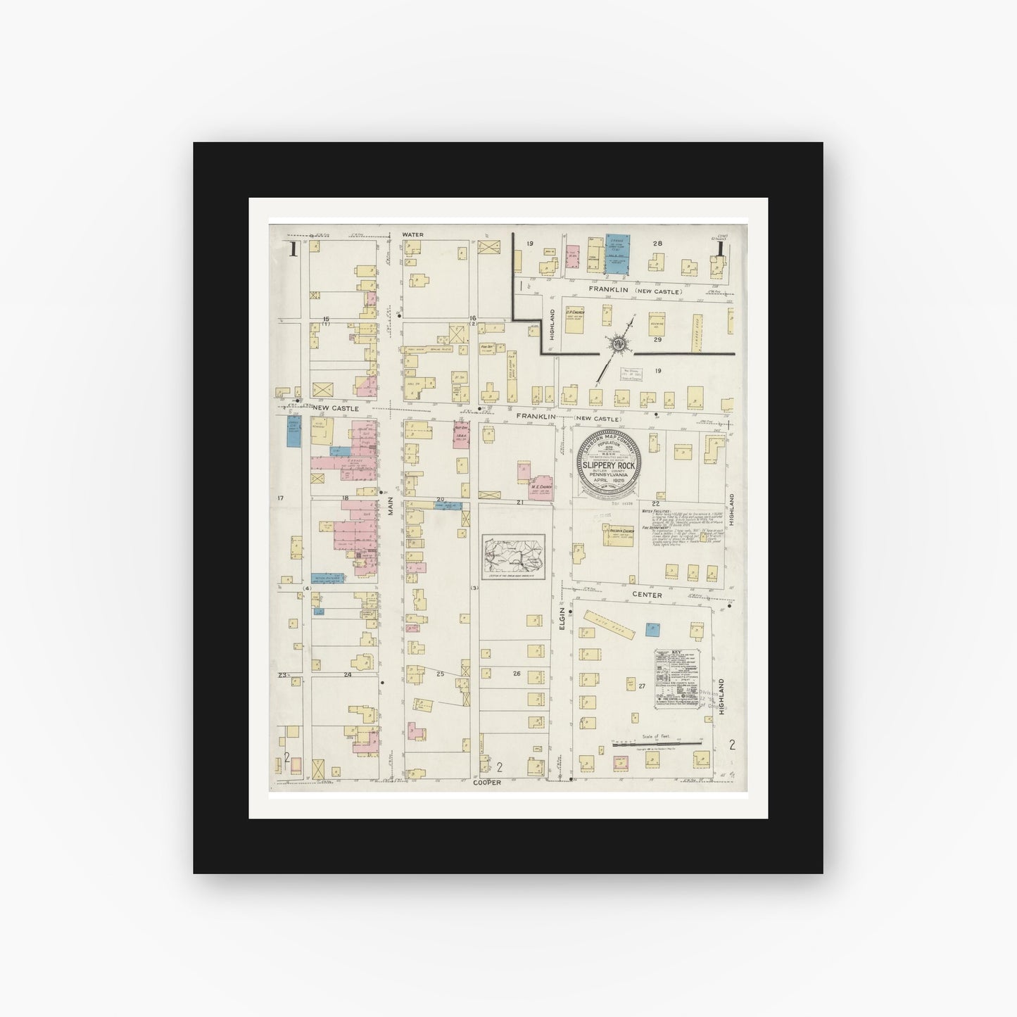 Old map wall art mockup — black gallery frame with white mat — Sanborn Fire Insurance Map from Slippery Rock, Butler County, Pennsylvania (1925), Sheet #0001
