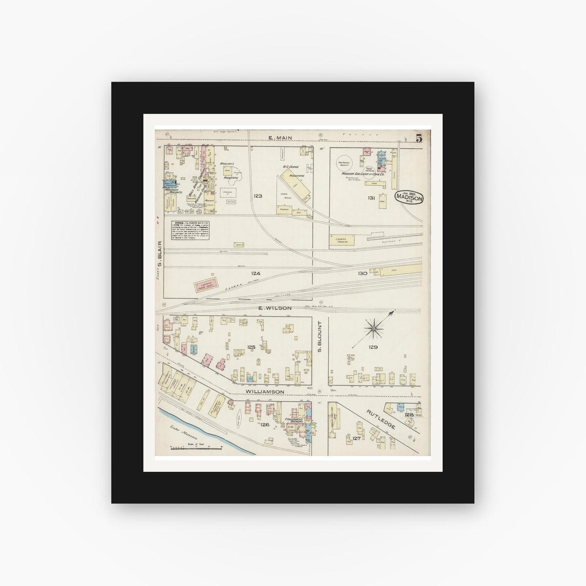 Old map wall art mockup — black gallery frame with white mat — Sanborn Fire Insurance Map from Madison, Dane County, Wisconsin (1885), Sheet #0005