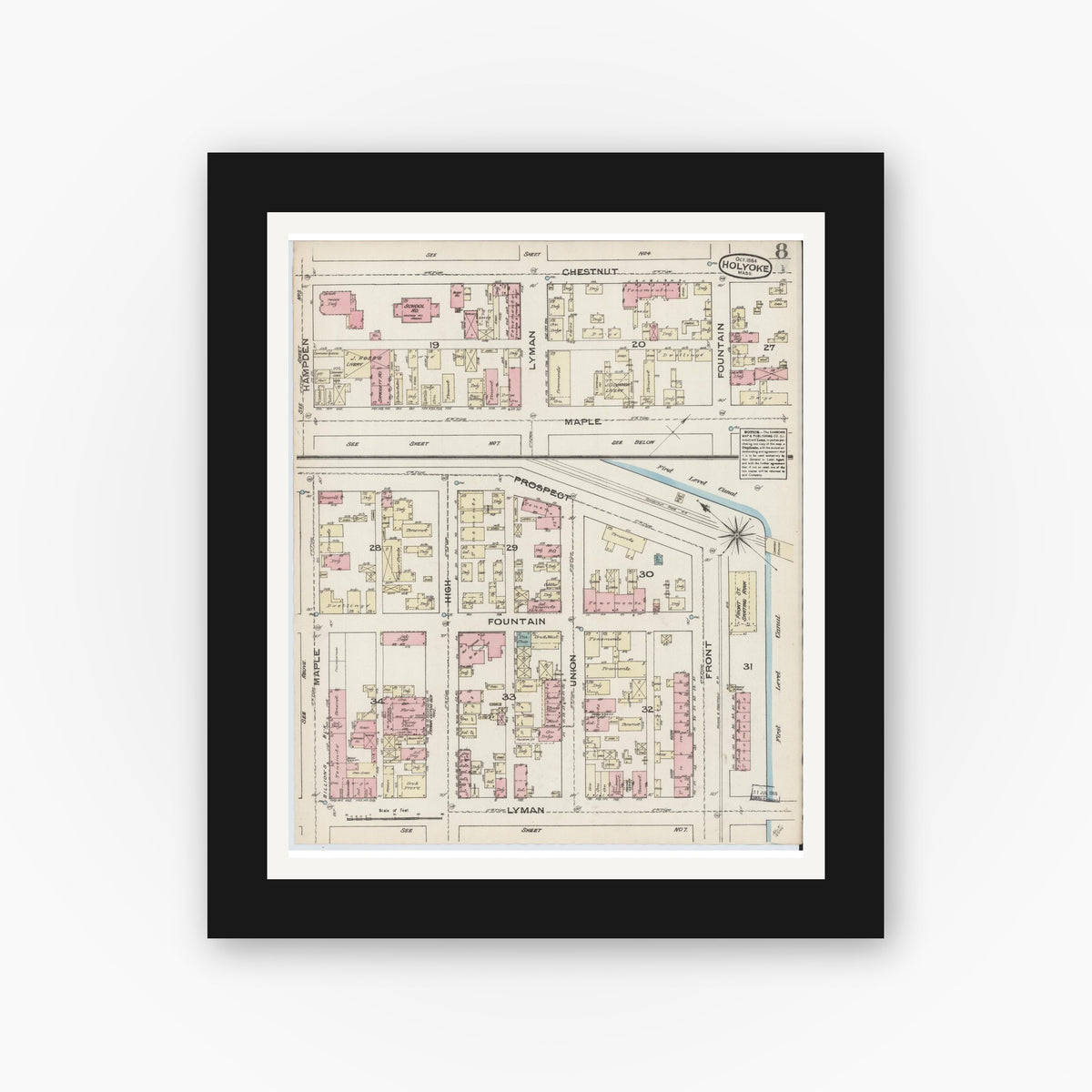 Old map wall art mockup — black gallery frame with white mat — Sanborn Fire Insurance Map from Holyoke, Hampden County, Massachusetts (1884), Sheet #0008