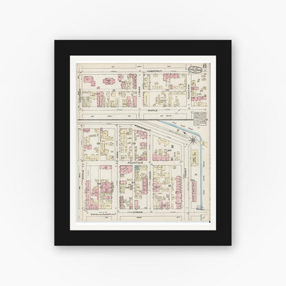Old map wall art mockup — black gallery frame with white mat — Sanborn Fire Insurance Map from Holyoke, Hampden County, Massachusetts (1884), Sheet #0008